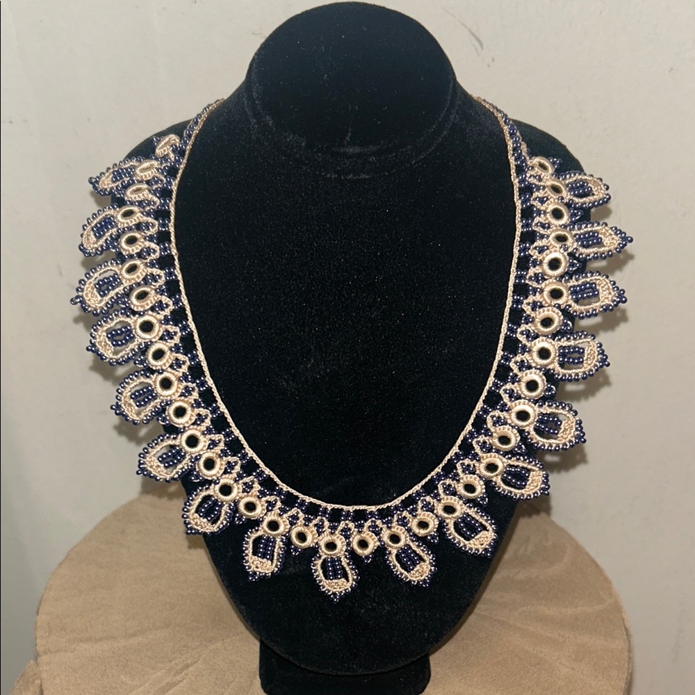 Navy and Cream Beaded Necklace